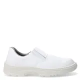 Zapato de seguridad sin puntera color blanco, con diseño de slip-on y suela antideslizante.