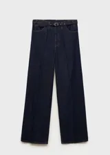 Pantalón de jean azul oscuro, corte wide leg, tiro medio y largo hasta el tobillo. Incluye cinturón con hebilla y cuatro bolsillos.