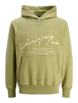 Canguro verde oliva con capucha y bolsillo tipo canguro. Estampado frontal con la leyenda "Originals Studio. THE CREATIVE STUDIO WHERE WE CREATE NEW EXPRESSIONS DAILY. DESIGNED TO STAY COMFORTABLE. TO BE WORN EVERY DAY. Creative Dept. Copenhagen".