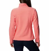 Chaqueta de microfibra color coral, con bolsillos laterales y cierre frontal, ideal para actividades al aire libre.