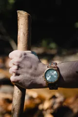 Reloj de pulsera Chenaut Lune con caja y correa de madera de zebrano, esfera plateada con números romanos y subdiales plateados, movimiento de cuarzo, función de cronógrafo y fechador, cristal Hardlex resistente a los arañazos y resistencia al agua 3 ATM.