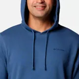Canguro azul con capucha ajustable con cordón, bolsillo tipo canguro y logo de la marca bordado en el pecho.