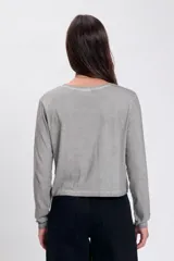 Remera gris de manga larga con estampado de rayo en el pecho.
