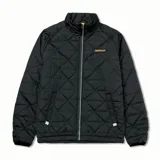Campera negra acolchada con cierre frontal, cuello alto y logo de Caterpillar en el pecho.