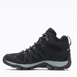 Bota de senderismo Merrell Accentor 3 Mid WP, color negro, de media altura, con capellada de gamuza y malla impermeable, cordones y correas reciclados, lengüeta de fuelle, puntera de goma protectora, forro de malla reciclada, plantilla de EVA removible, vástago de arco de nylon moldeado, entresuela de espuma EVA y suela de goma adherente.