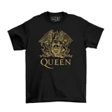 Remera negra con estampado dorado del logo de la banda de rock Queen.
