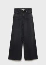Pantalón de jean negro de tiro alto, corte wide leg, con cinco bolsillos, trabillas y cierre frontal con cremallera y botón.