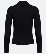 Blusa de punto negra con cuello redondo, manga larga y abertura circular en el hombro.