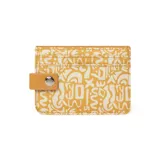 Billetera compacta con diseño amarillo y beige, hecha de material reciclado, con cierre magnético y capacidad para 8 tarjetas.