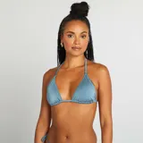 Sujetador de bikini triángulo azul con efecto irisado.