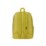 Mochila de color verde amarillento, con compartimento principal para laptop de hasta 15 pulgadas, bolsillo frontal y lateral para botella.