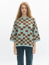 Remera tejida con diseño a cuadros color celeste y marrón, de corte ancho y manga corta caída.