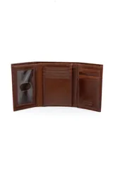Billetera de cuero marrón con triple compartimento y porta documentos.