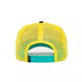 Gorra de camionero Goorin Bros color amarillo con paneles de malla y visera negra. Parche frontal con bordado de un perro Golden Retriever y la palabra "Loyal".