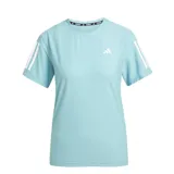 Remera deportiva Adidas color celeste con logo blanco en el pecho y tres tiras blancas en las mangas.