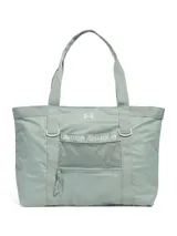 Bolso tote Under Armour color gris claro, con logo estampado en el frente, bolsillo frontal de malla con cierre y doble asa de mano.