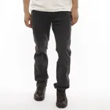 Pantalón de jean gris oscuro, de corte recto y tiro bajo.