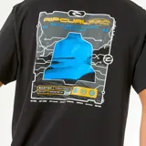 Remera negra de manga corta con cuello redondo y estampado en el pecho con el logo de Rip Curl Pro 25 Event en colores azul y amarillo.