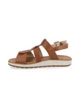 Sandalia de cuero color beige, con tiras ajustables y suela ligera y flexible.