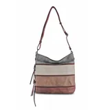Bandolera marrón con paneles combinados en tonos beige y verde. Tiene apertura superior con cierre, bolsillo frontal con cierre, tres bolsillos internos (dos con cierre), bolsillo trasero con cierre y correa larga regulable.