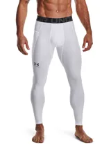 Calza larga de compresión Under Armour HeatGear Armour Leggings, color blanco con logo negro en la pierna izquierda y cintura elástica con la marca Under Armour en gris.