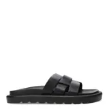 Sandalias bajas negras con tiras anchas cruzadas en la parte superior.