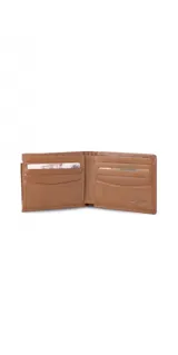 Billetera marrón de cuero con bolsillo al frente, tarjetero extraíble con elástico, doble compartimento para billetes, tarjeteros y bolsillos.