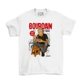Remera blanca de algodón con estampado de Anthony Bourdain comiendo fideos en un taburete.