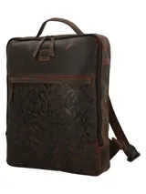 Mochila marrón de cuero con diseño floral en relieve, cierre superior con doble cremallera, asa de mano y correas ajustables para los hombros.