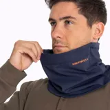 Cuello unisex de poliéster color azul marino con logo Merrell en naranja.