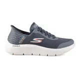 Championes deportivos Skechers modelo Slip-ins GO WALK Flex - Hands Up, color gris oscuro con detalles en naranja. Presentan un diseño de malla transpirable, cordones elásticos y la tecnología Hands Free Slip-ins con Heel Pillow. Cuentan con entresuela acolchada ULTRA GO y plantilla Air-Cooled Memory Foam.