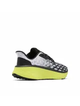 Championes de running Columbia Konos Elevate para hombre, con capellada de tejido blanco y negro con patrón geométrico, detalles en negro y suela de goma color amarillo flúor.