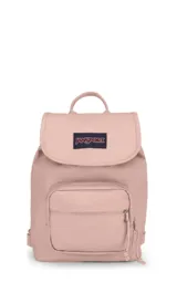 Mochila mini JanSport Highlands, color rosa pálido, con asa superior, bolsillo frontal con cierre y logo de la marca en el frente.