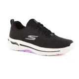 Championes deportivos Skechers Go Walk Arch Fit Uptown Summer, color negro con detalles en blanco y violeta. Capellada de malla transpirable, cordones, plantilla Arch Fit removible con soporte de arco certificado, entresuela Ultra Go liviana y suela de tracción flexible.