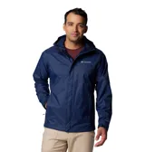 Campera impermeable Columbia Watertight II para hombre, color negro, con capucha ajustable, costuras selladas, bolsillos con cremallera y forro de malla transpirable.