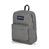Mochila JanSport Superbreak Plus color gris, con logo de la marca en el frente, compartimento interno para laptop y bolsillo lateral para botella.