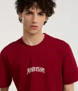 Remera de algodón color borgoña, corte comfort, con cuello redondo y mangas cortas. Estampa frontal y trasera con la palabra "Ambicion" en tipografía gótica.