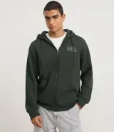 Saco canguro con capucha para hombre, color verde oscuro, con cierre de cremallera, cordón ajustable, bolsillo canguro y estampa de montaña en el pecho.