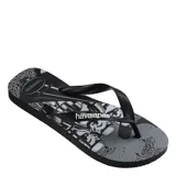 Sandalias Havaianas de hombre con plantilla negra estampada con personajes de Star Wars y tiras negras con logo en blanco.