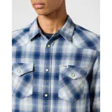 Camisa Wrangler de hombre, corte western, a cuadros en tonos azul, gris y blanco.