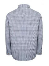 Camisa de franela de algodón orgánico con cuello americano abotonado, manga larga, corte regular y estampado a cuadros en tonos azul, blanco y rojo.