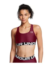 Top deportivo Under Armour color borgoña con logo de la marca en el centro del pecho y banda elástica inferior con la inscripción "Under Armour" en blanco.