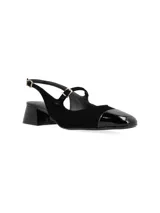 Zapato destalonado negro con taco cuadrado forrado en charol, capellada de cuero nobuck y cuero charol, forro y plantilla de cuero, suela de TR.