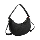 Cartera bandolera negra de cuero sintético con correa corta de mano y correa larga con logo de la marca.