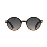 Lentes de sol Indie Lagoon con montura redonda de madera color ébano y marrón, y lentes grises polarizadas.