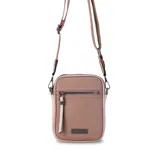 Bandolera pequeña color beige, con correa de galón regulable y desmontable, bolsillo frontal con cierre y espacio para celular y billetera.