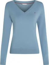 Sweater celeste de algodón orgánico con cuello en V y logo bordado en el pecho.