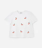 Blusa blanca de algodón con cuello redondo, manga corta abullonada y estampado de cerezas.