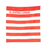 Toalla de playa roja con una franja horizontal blanca con la inscripción "XL EXTRA L".