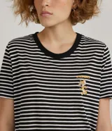 Blusa de viscolycra de rayas horizontales blancas y negras, con cuello redondo negro y mangas cortas. Estampado frontal del personaje Jerry de Tom y Jerry.